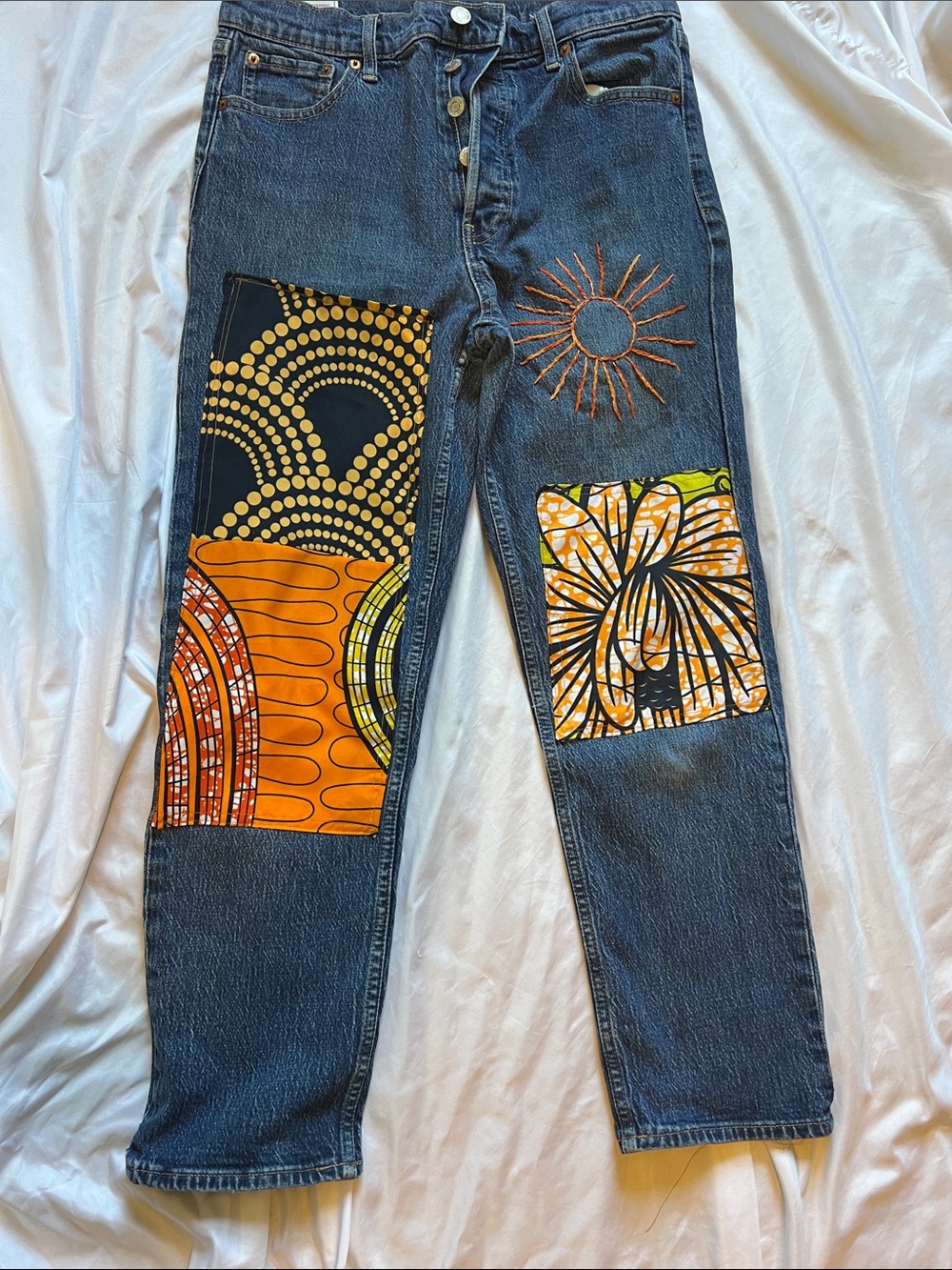 Upcycled BohoEmbroidered Sun & Patchwork Dark Blue Denim Jeans
